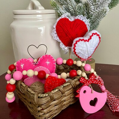 Valentine’s Wood Bead Garland, Love Bird Valentine tiered tray decor, Farmhouse bead garland with tassel, customizable tag color - image5